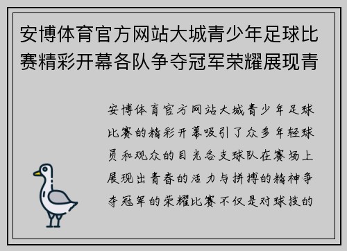 安博体育官方网站大城青少年足球比赛精彩开幕各队争夺冠军荣耀展现青春风采